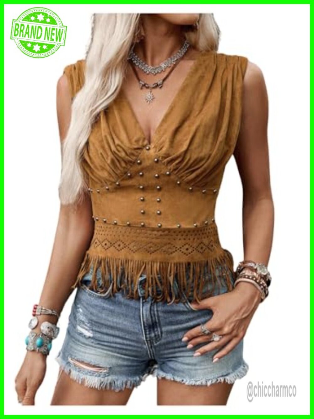 Faux Suede Sleeveless Deep V Neck Fringe Hem Tank Top